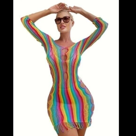 Rainbow Color Striped One-Piece Fishnet Dress - Picture 5 of 7